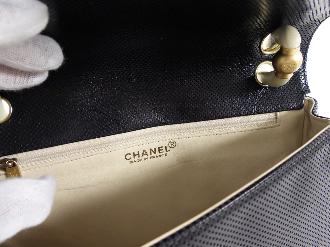 Chanel Vintage Black and Ivory Two Tone Perforated Leather Flap Bag