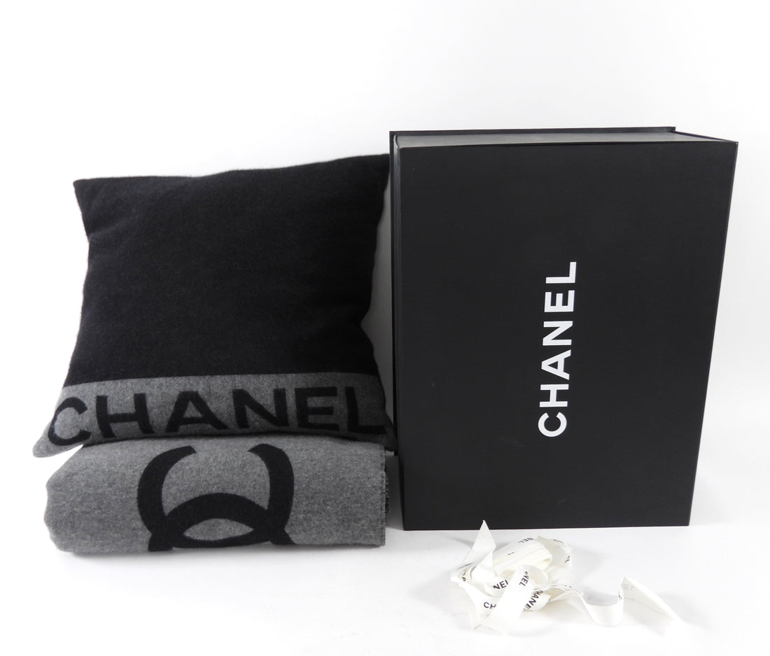 Chanel Charcoal Grey and Black Spellout Logo CC Pillow and Throw Blanket Set