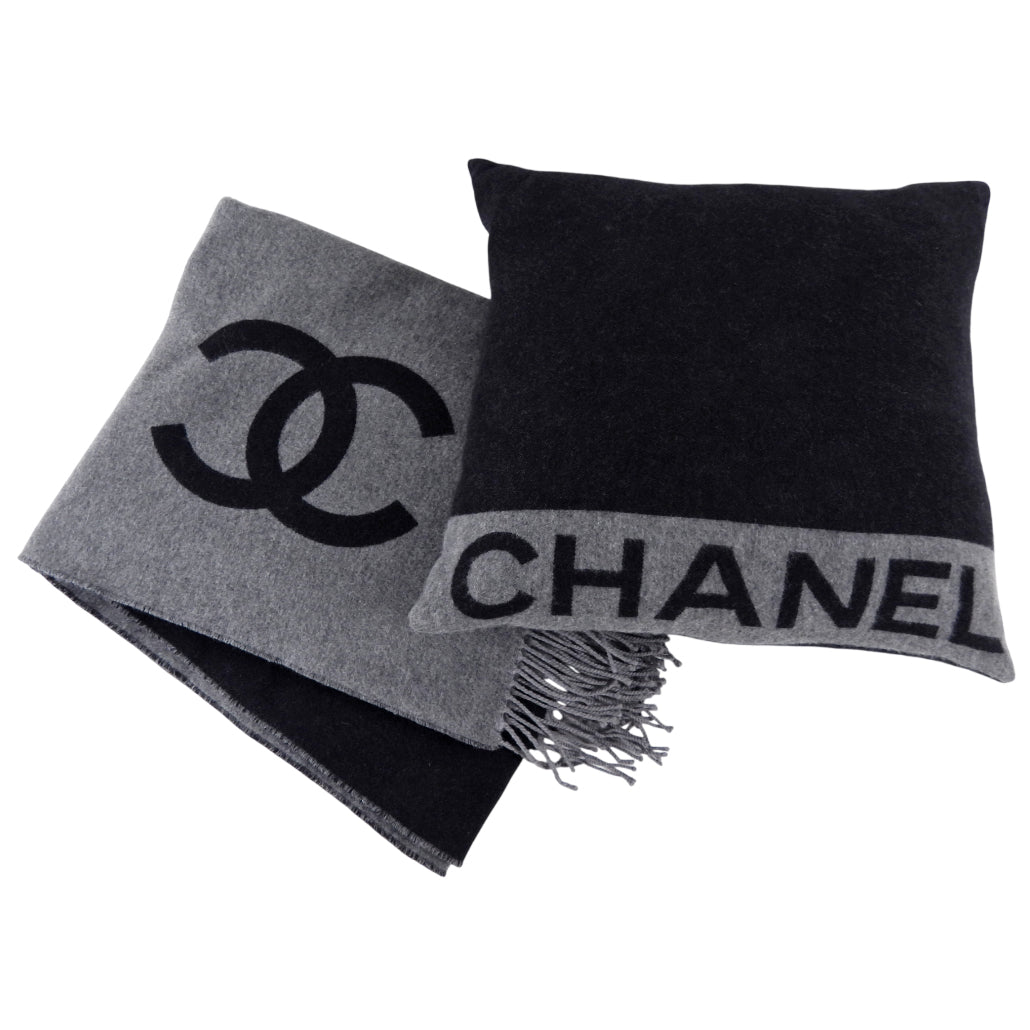 Chanel Charcoal Grey and Black Spellout Logo CC Pillow and Throw Blanket Set