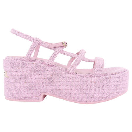 Chanel 23C Pink Tweed Platform Sandal with Logo at Heel - 41