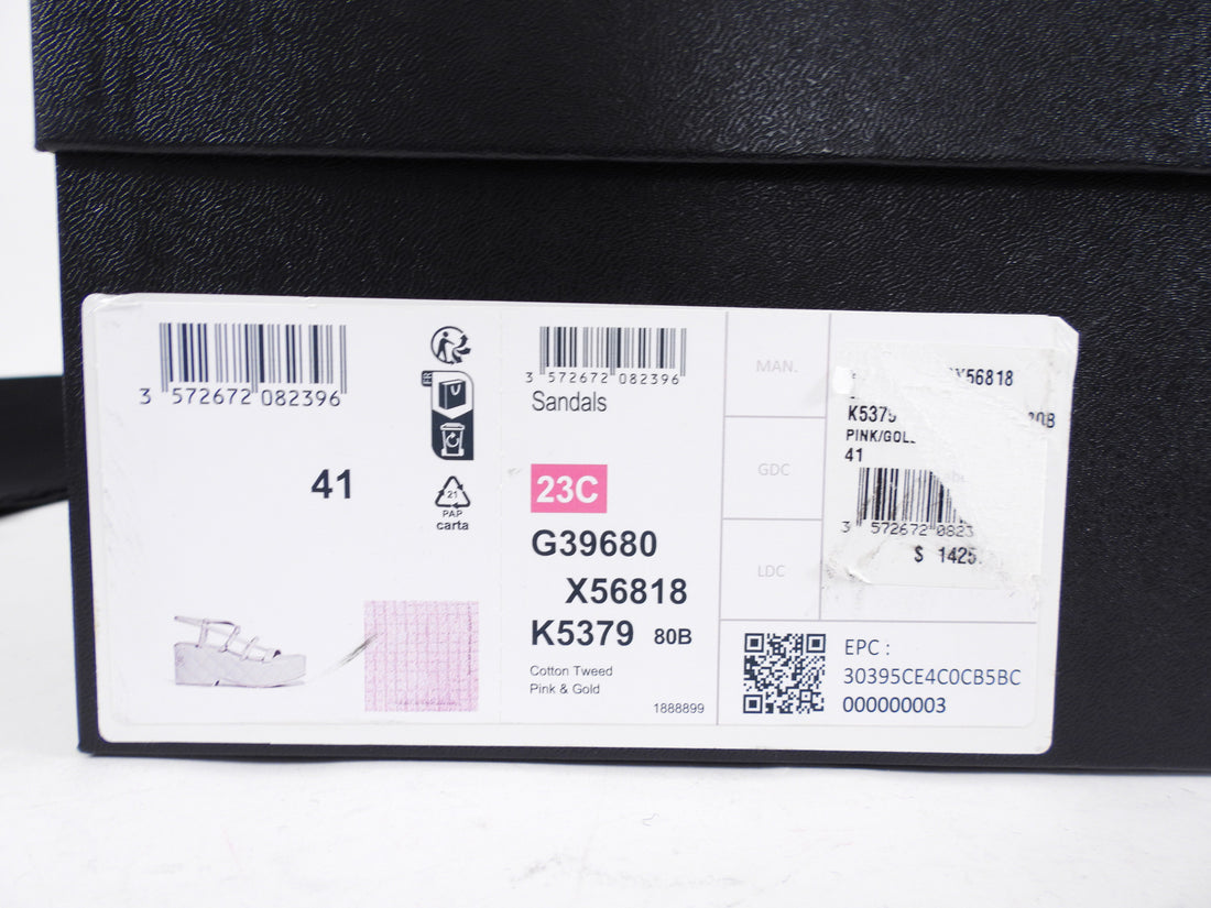 Chanel 23C Pink Tweed Platform Sandal with Logo at Heel - 41