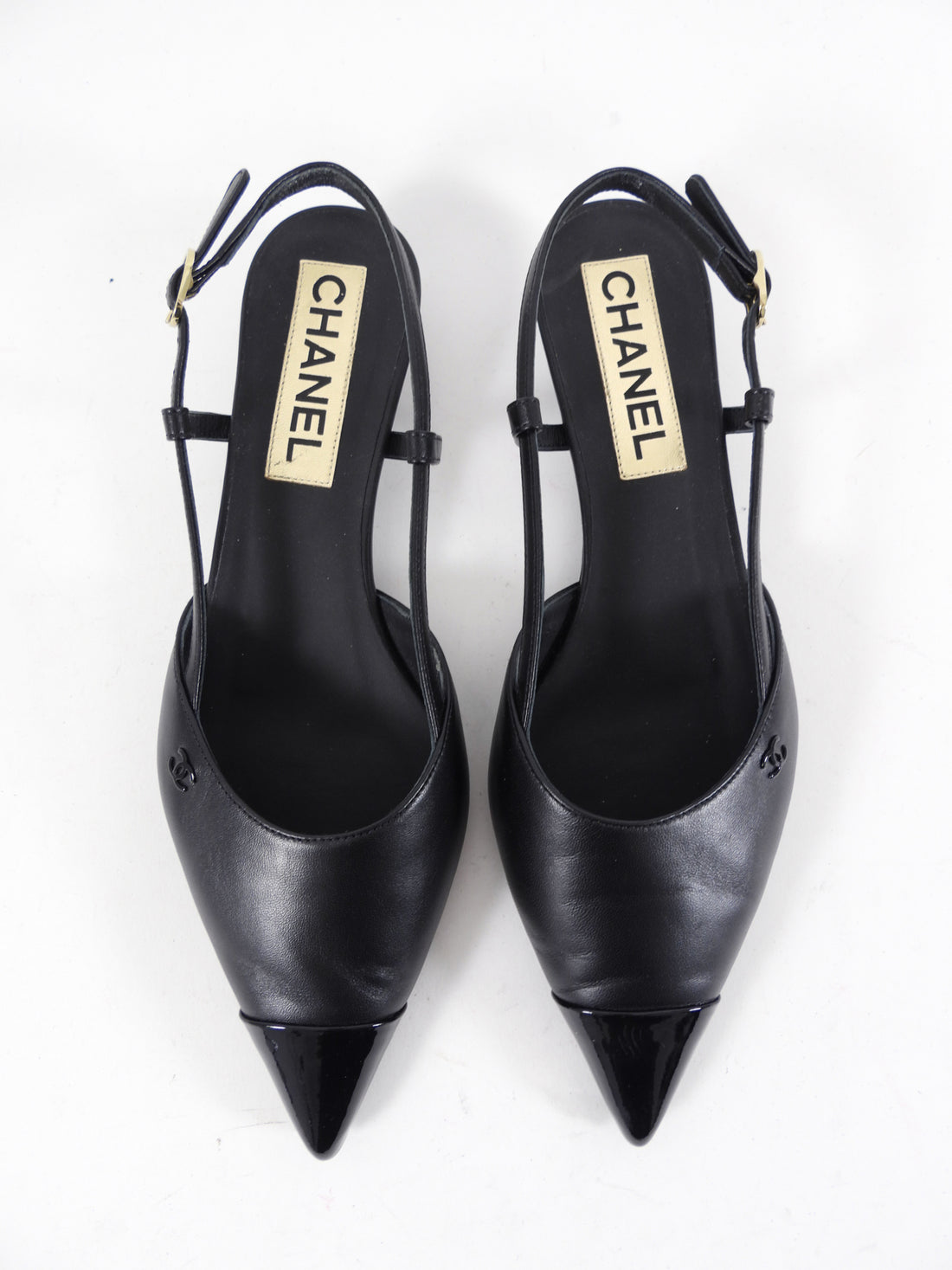 Chanel 22K Black Leather Cap Toe Slingback Kitten Heels - 36.5C