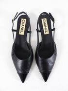 Chanel 22K Black Leather Cap Toe Slingback Kitten Heels - 36.5C