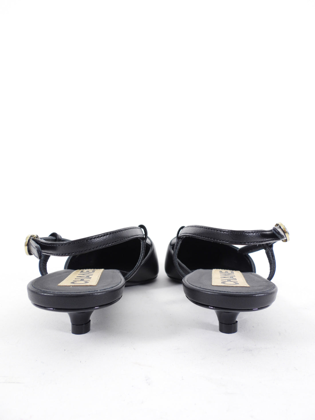 Chanel 22K Black Leather Cap Toe Slingback Kitten Heels - 36.5C