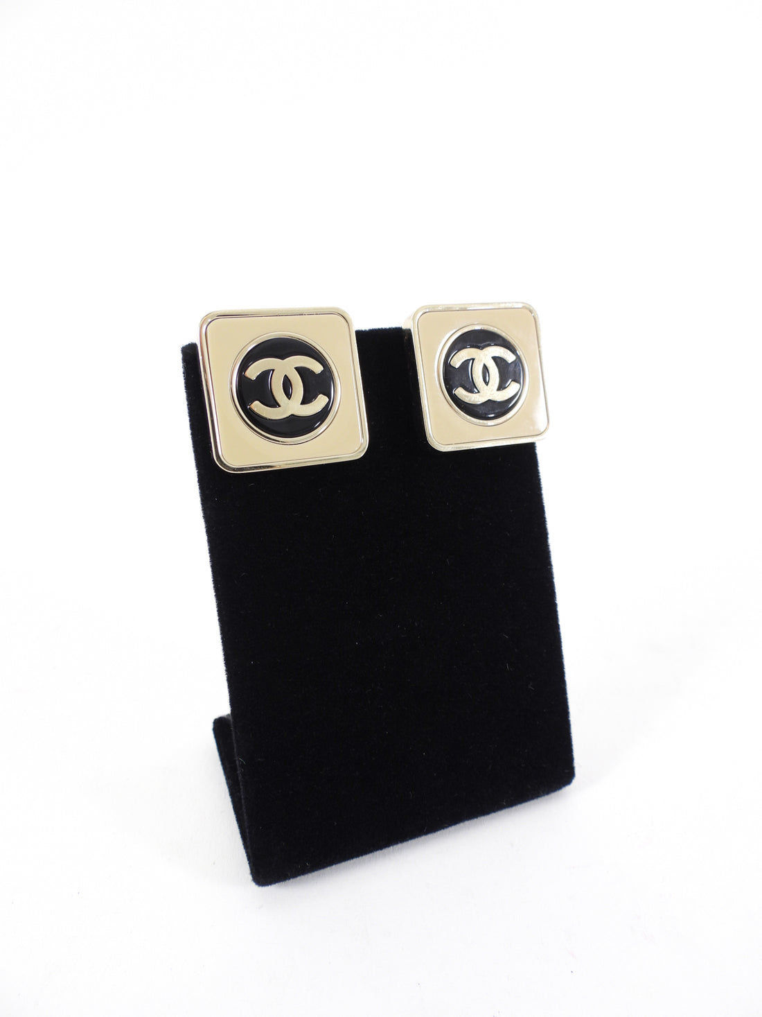 Chanel 23C Square Black and Beige CC Enamel Earrings