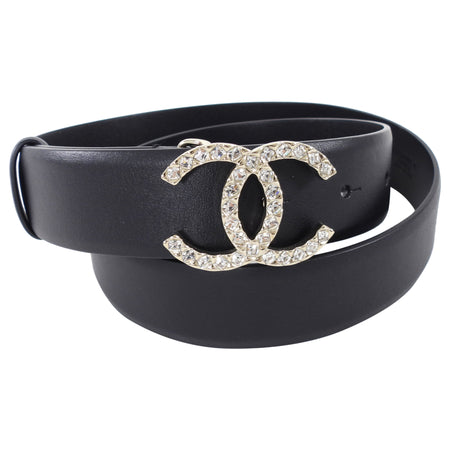 Chanel 20A Black Leather Light Goldtone Crystal CC Belt - 29-31"