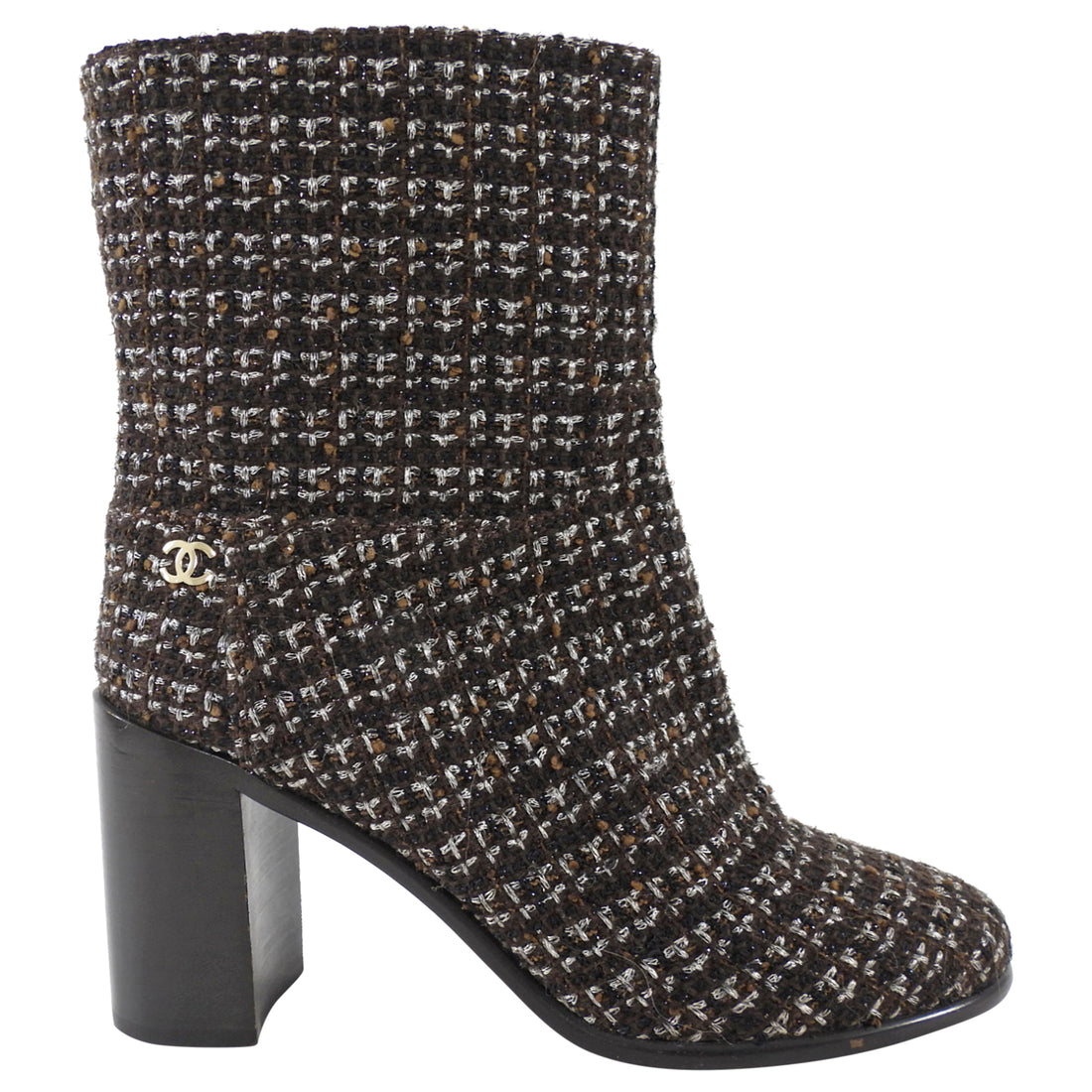 Chanel Brown Tweed Block-Heel Boots - 38.5