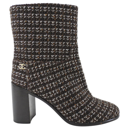 Chanel Brown Tweed Block-Heel Boots - 38.5