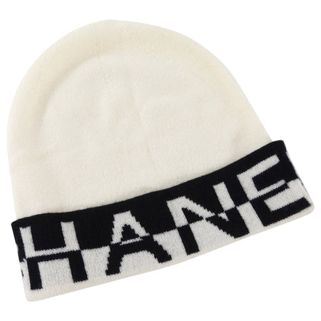 Chanel White and Black Logo Knit Cashmere Beanie Hat