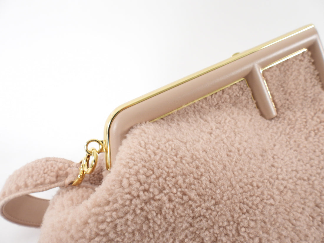 Fendi First Medium Light Beige Shearling Teddy Frame Bag