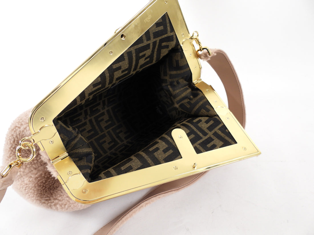 Fendi First Medium Light Beige Shearling Teddy Frame Bag