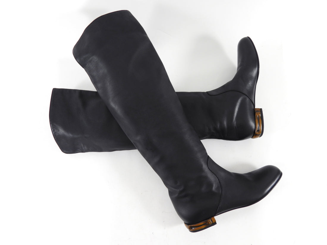 Gucci Black Leather Tall Boots with Bamboo Heel - 40