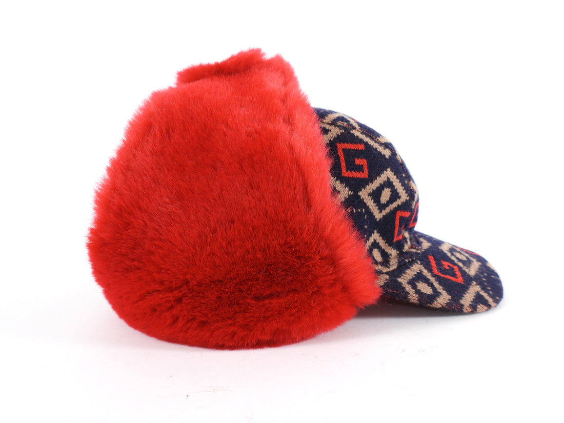 Gucci Navy Brown Pattern Knit Wool Hunting Hat With Red Shearling