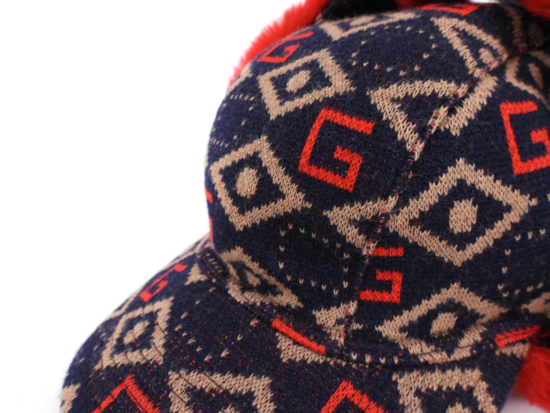 Gucci Navy Brown Pattern Knit Wool Hunting Hat With Red Shearling