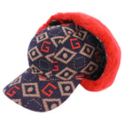 Gucci Navy Brown Pattern Knit Wool Hunting Hat With Red Shearling