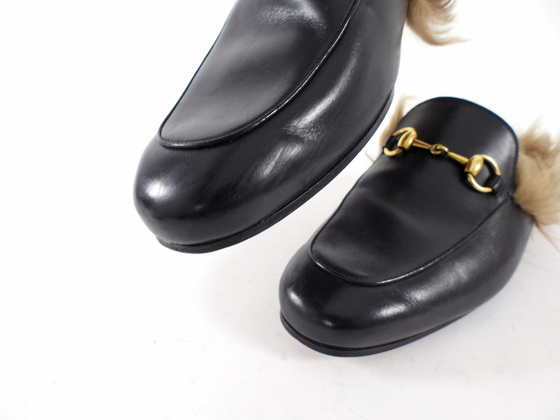 Gucci Black Leather Horsebit Princetown Fur Slippers Slides - 40 / USA 10