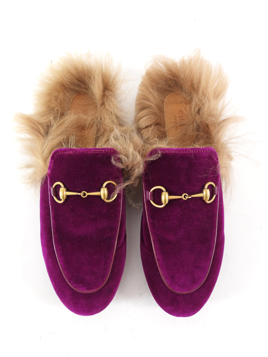 Gucci Magenta Purple Velvet Princetown Slippers Fur Lined - 37