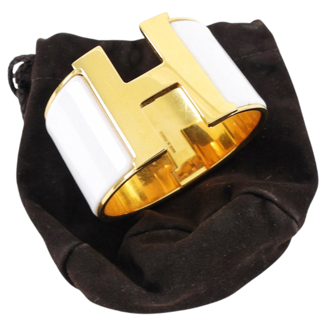 Hermes Extra Wide Clic H Bracelet in White and Gold