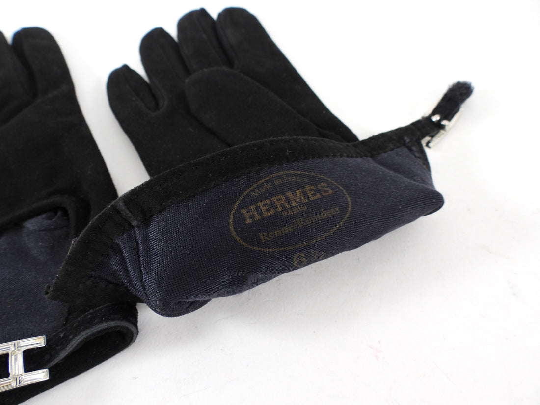 Hermes Vintage Black Suede Crystal H Buckle Gloves - XS 6.5