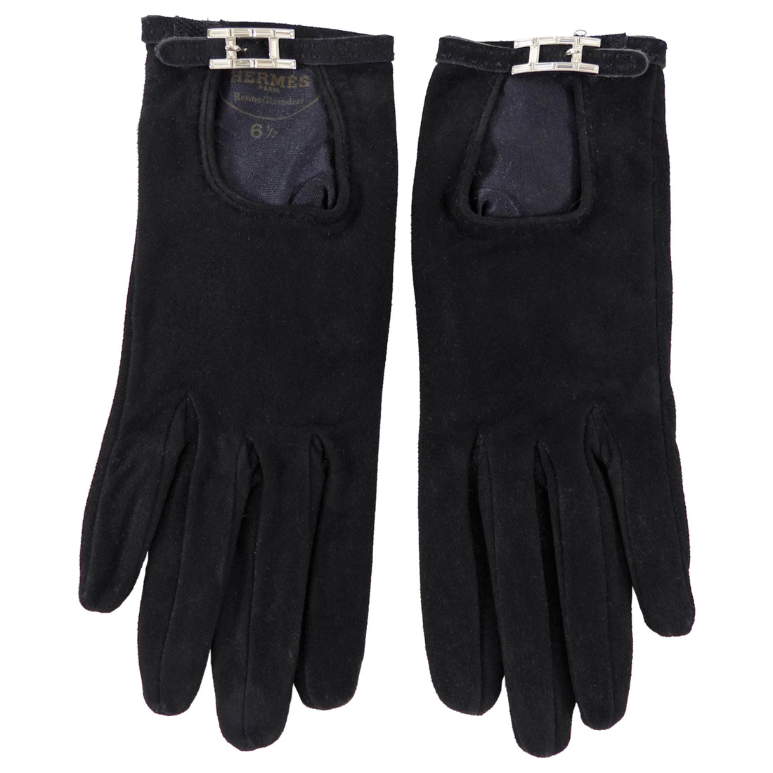 Hermes Vintage Black Suede Crystal H Buckle Gloves - XS 6.5