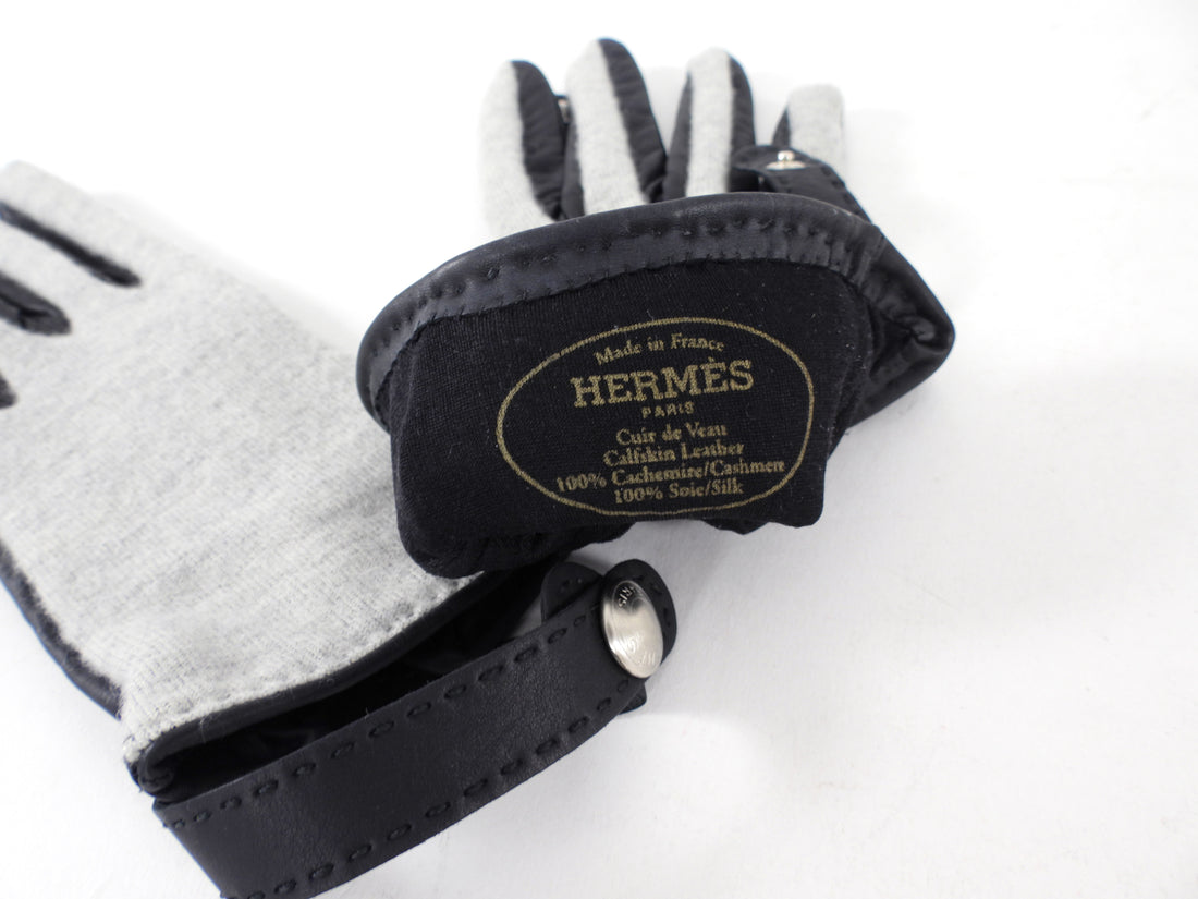Hermes Black Leather and Grey Cashmere Clou de Selle Gloves - 6.5 / XS