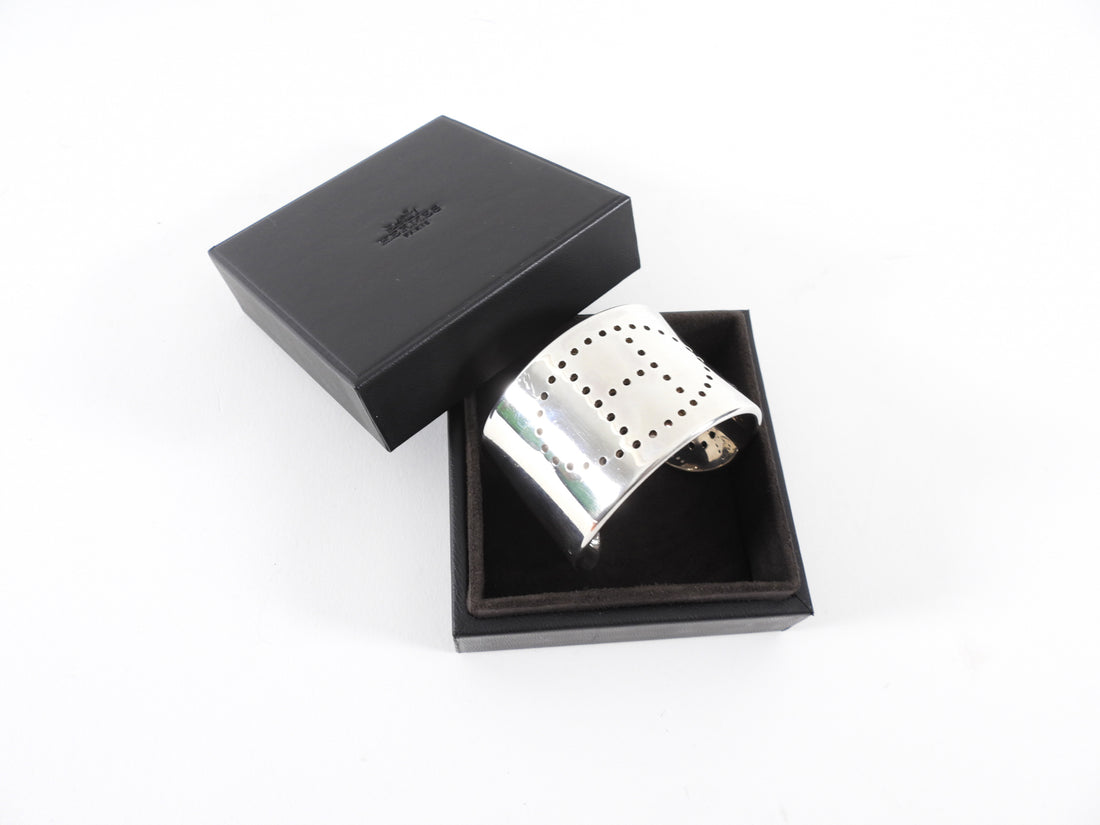 Hermes Sterling Silver Perforated H Eclipse Cuff Bracelet