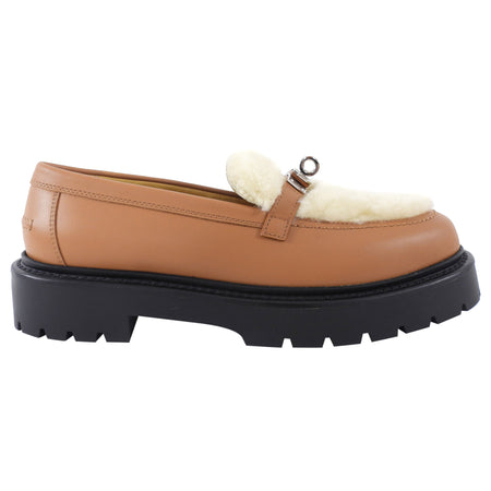 Hermes Tan Icone Shearling Kelly Loafer Shoes - 37
