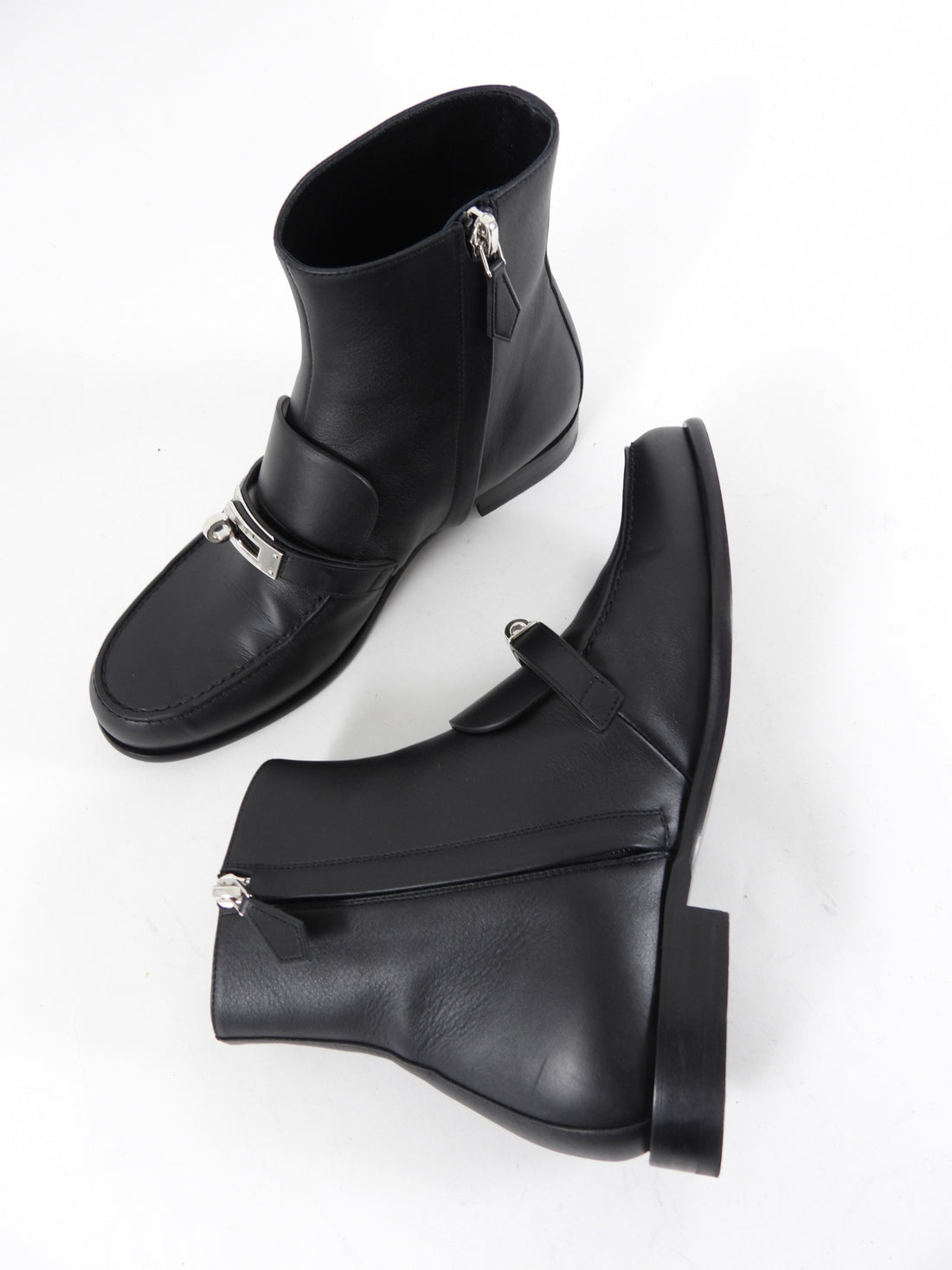 Hermes Black Leather Kelsey Ankle Boot Kelly Lock PHW - 38 (EU 37.5)