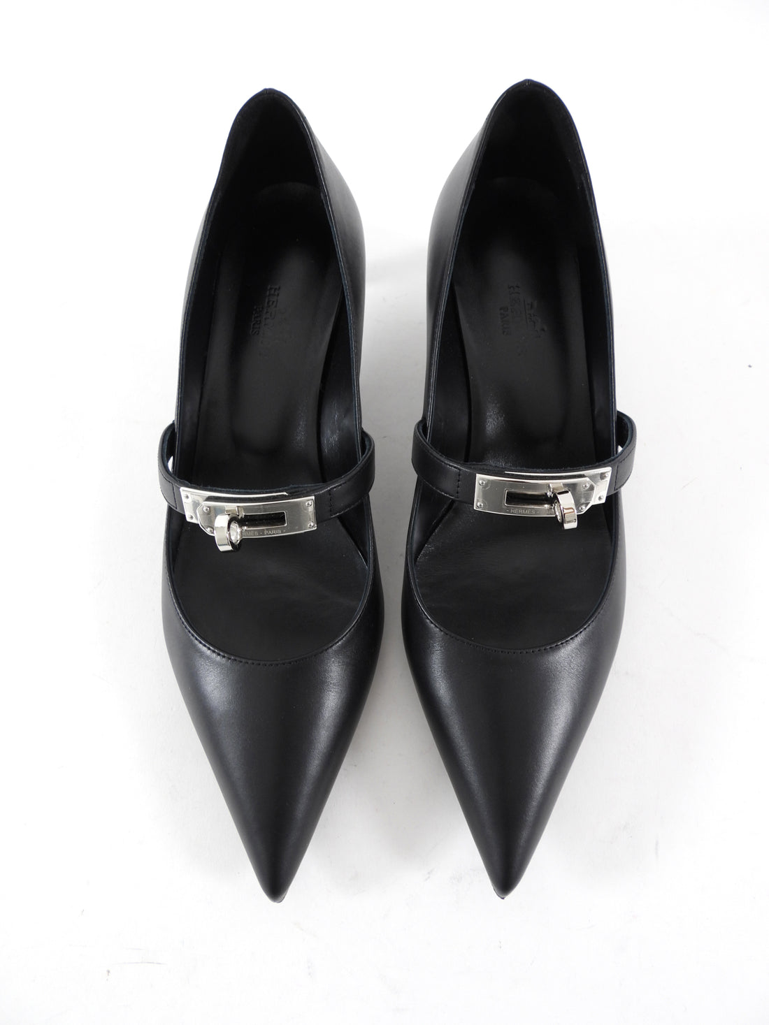 Hermes Kiara 40mm Black Leather Pointed Kelly Maryjane Pump - 36.5