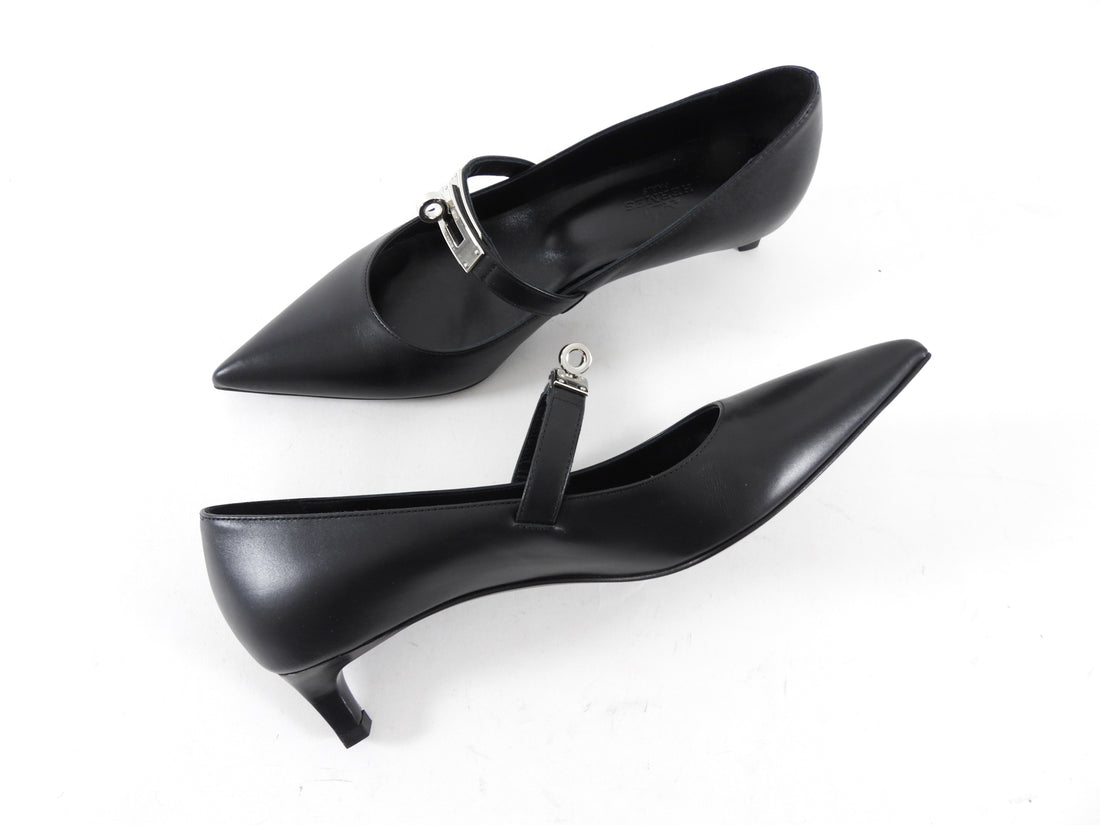 Hermes Kiara 40mm Black Leather Pointed Kelly Maryjane Pump - 36.5