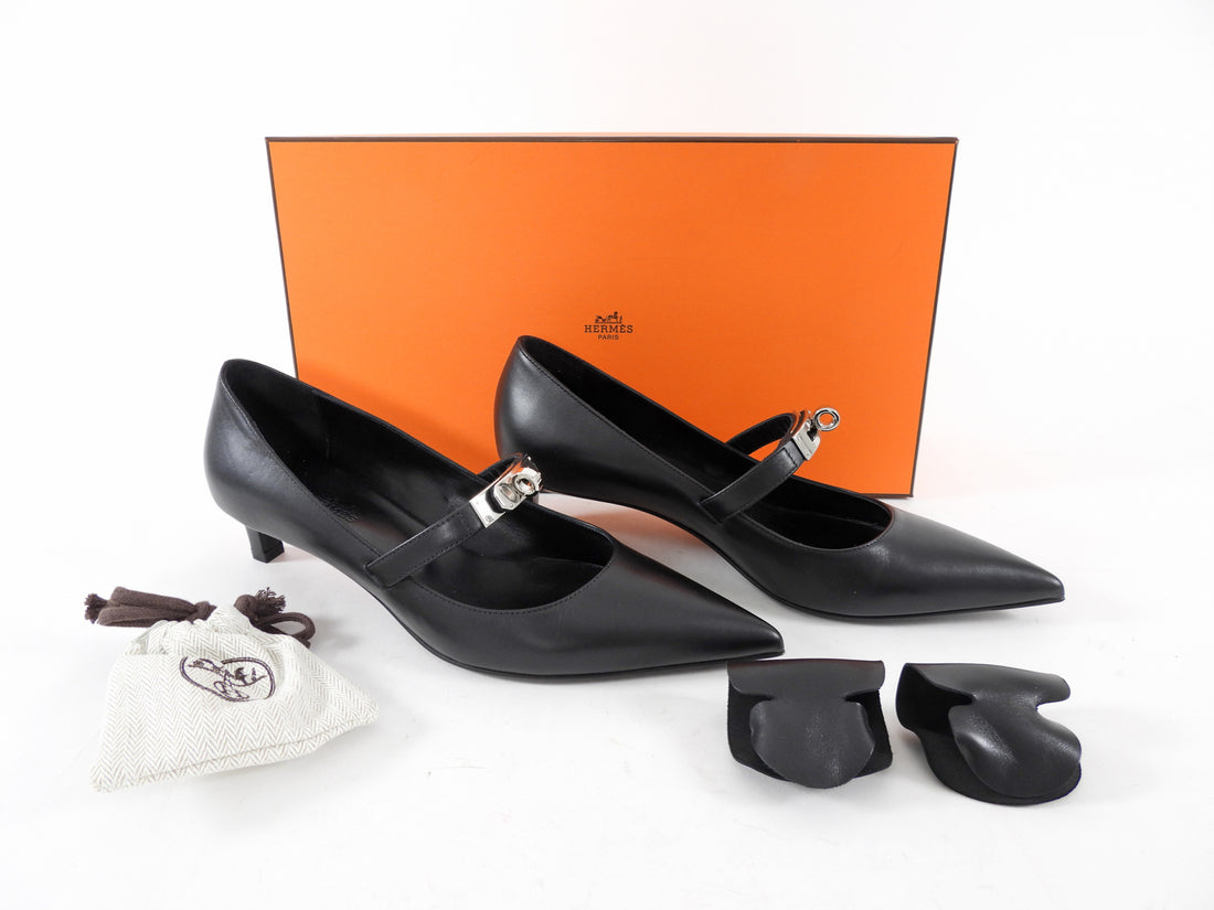Hermes Kiara 40mm Black Leather Pointed Kelly Maryjane Pump - 36.5