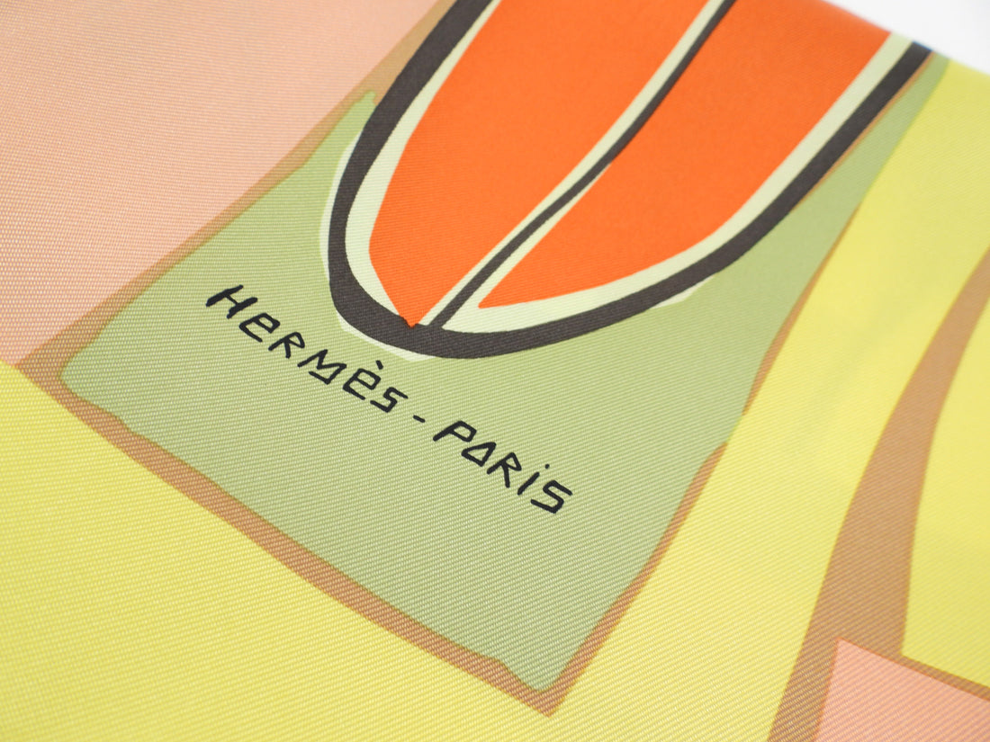 Hermes Sea Surf Fun Taupe Lime Green Surfboard Palm 90cm Silk Scarf