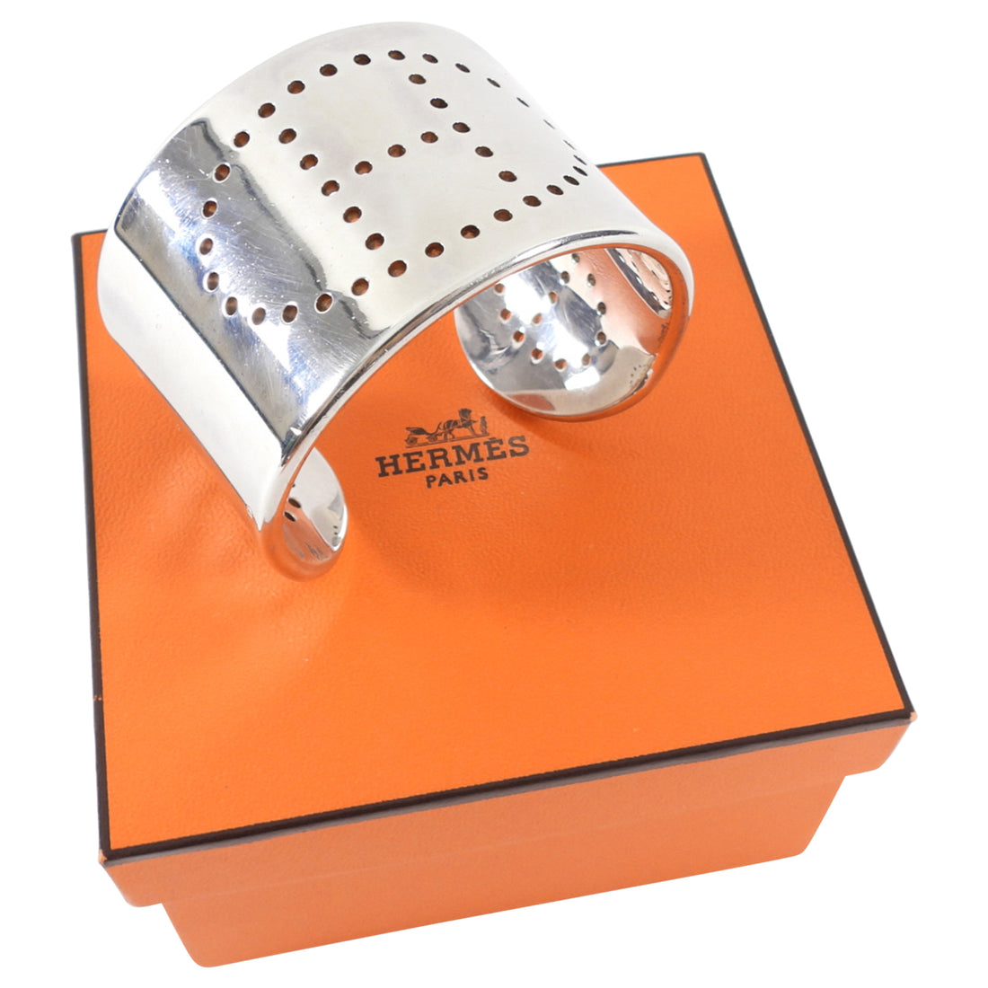 Hermes Sterling Silver Perforated H Eclipse Cuff Bracelet