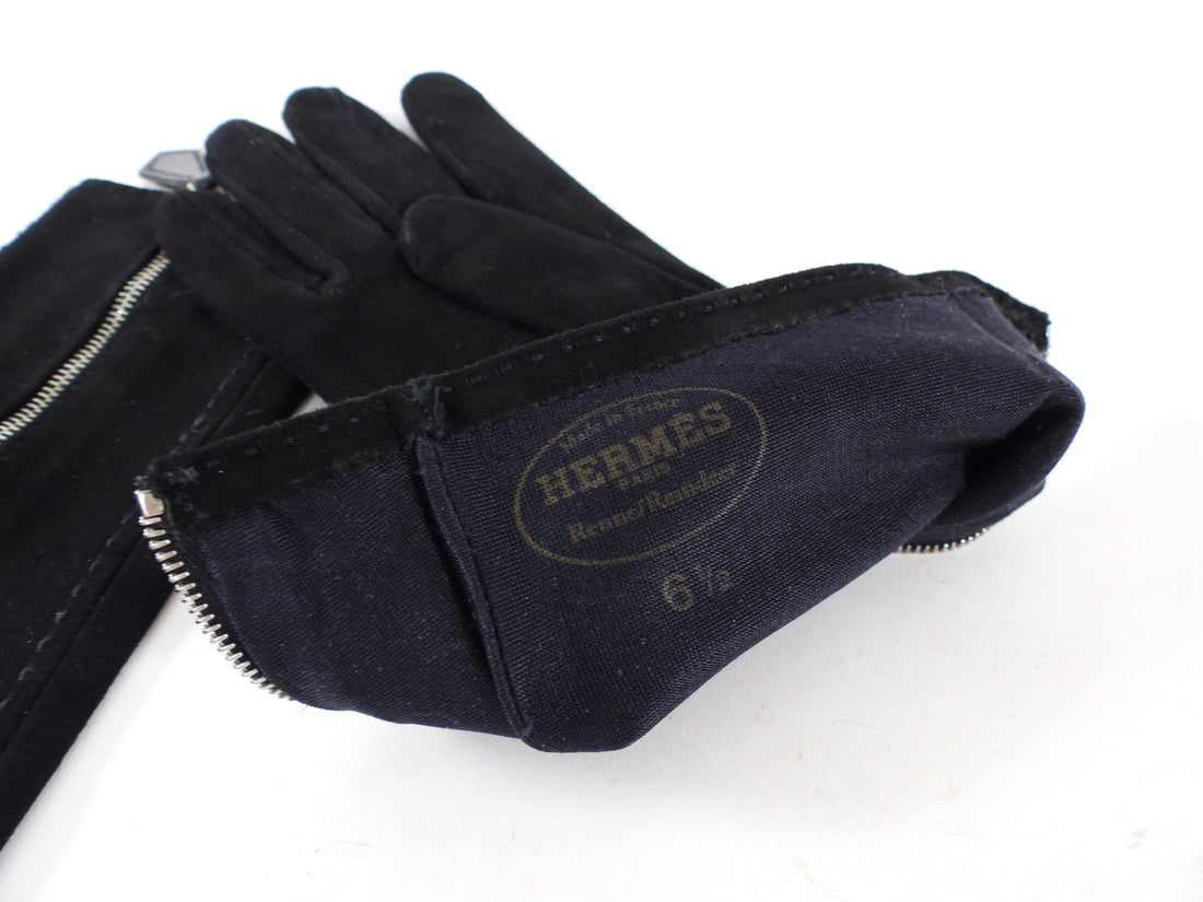 Hermes Black Suede Zip Detail Gloves - 6.5 / XS