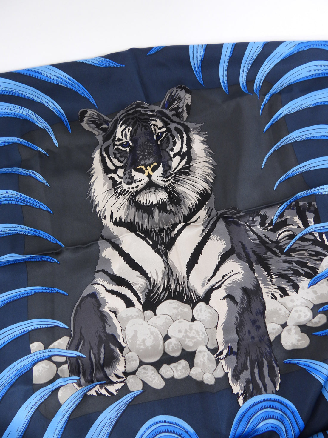 Hermes Silk Twill 140cm Giant Shawl Scarf Tigre Royal Blue Graphite, Beige