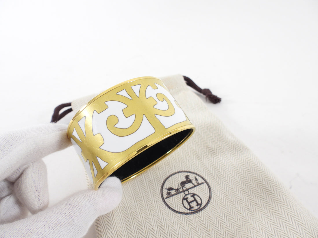 Hermes Balcons du Guadalquivir White Gold Enamel Extra Wide Bangle Bracelet