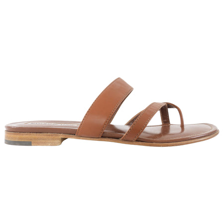Manolo Blahnik Brown Leather Susacru Flat Thong Sandal - 37
