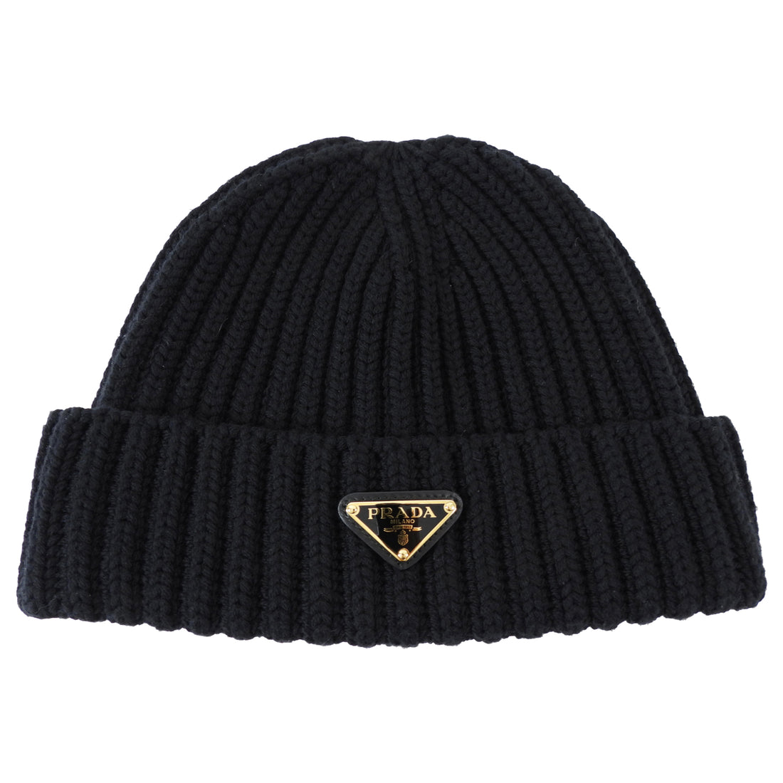 Prada Black Wool Rib Knit Goldtone Triangle Logo Toque Beanie Hat - L / 59