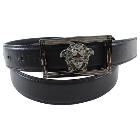 Versace Black Leather Medusa Head Belt - 35-39"