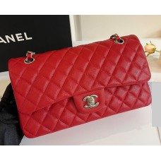 Chanel Small Classic Flap Bag in Red Caviar Leather with silver hardware