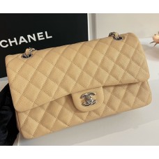 Chanel Small Classic Flap Bag in Tan Caviar Leather with silver hardware