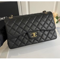 Chanel Jumbo Classic Flap Bag in Black Caviar Leather with golden hardware