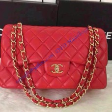 Chanel Jumbo Classic Flap Bag in Red Lambskin with golden hardware