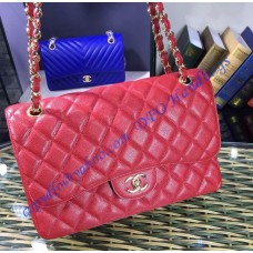 Chanel Jumbo Classic Flap Bag in Red Caviar Leather with golden hardware