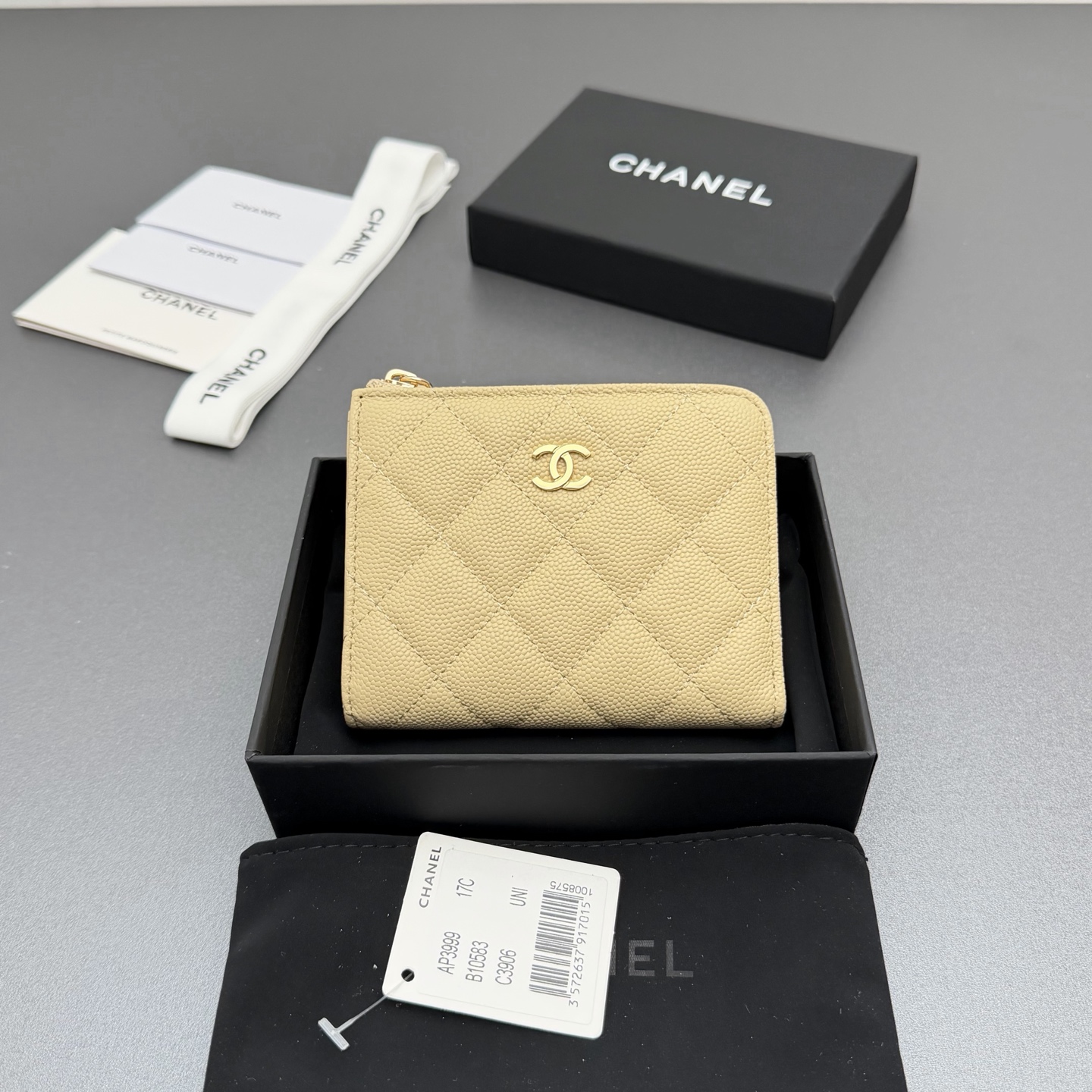 Chanel-CC-Zip-Around-Wallet-Beige-Metallic-quilted-Caviar-leather-A3999-11x9x2CM